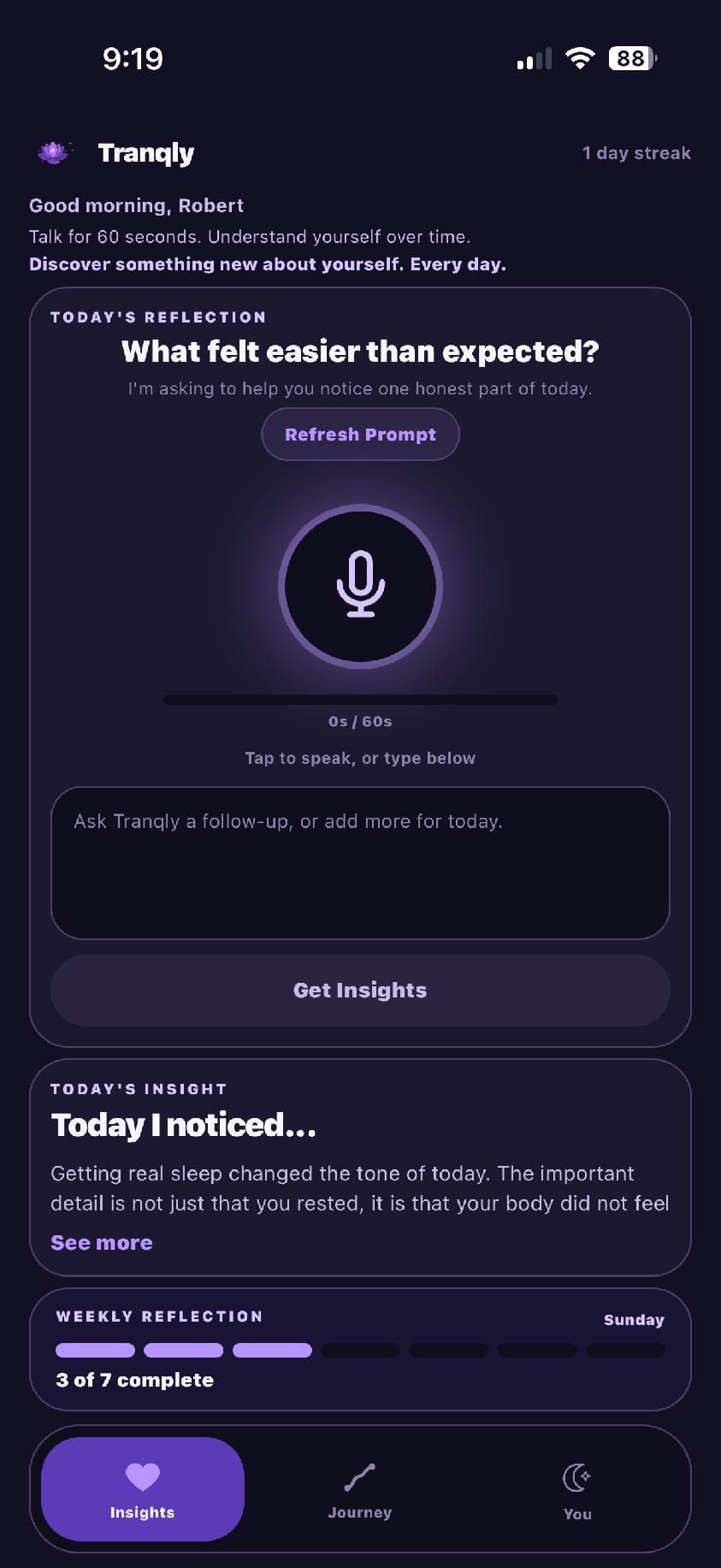 Tranqly daily reflection prompt with voice and text controls